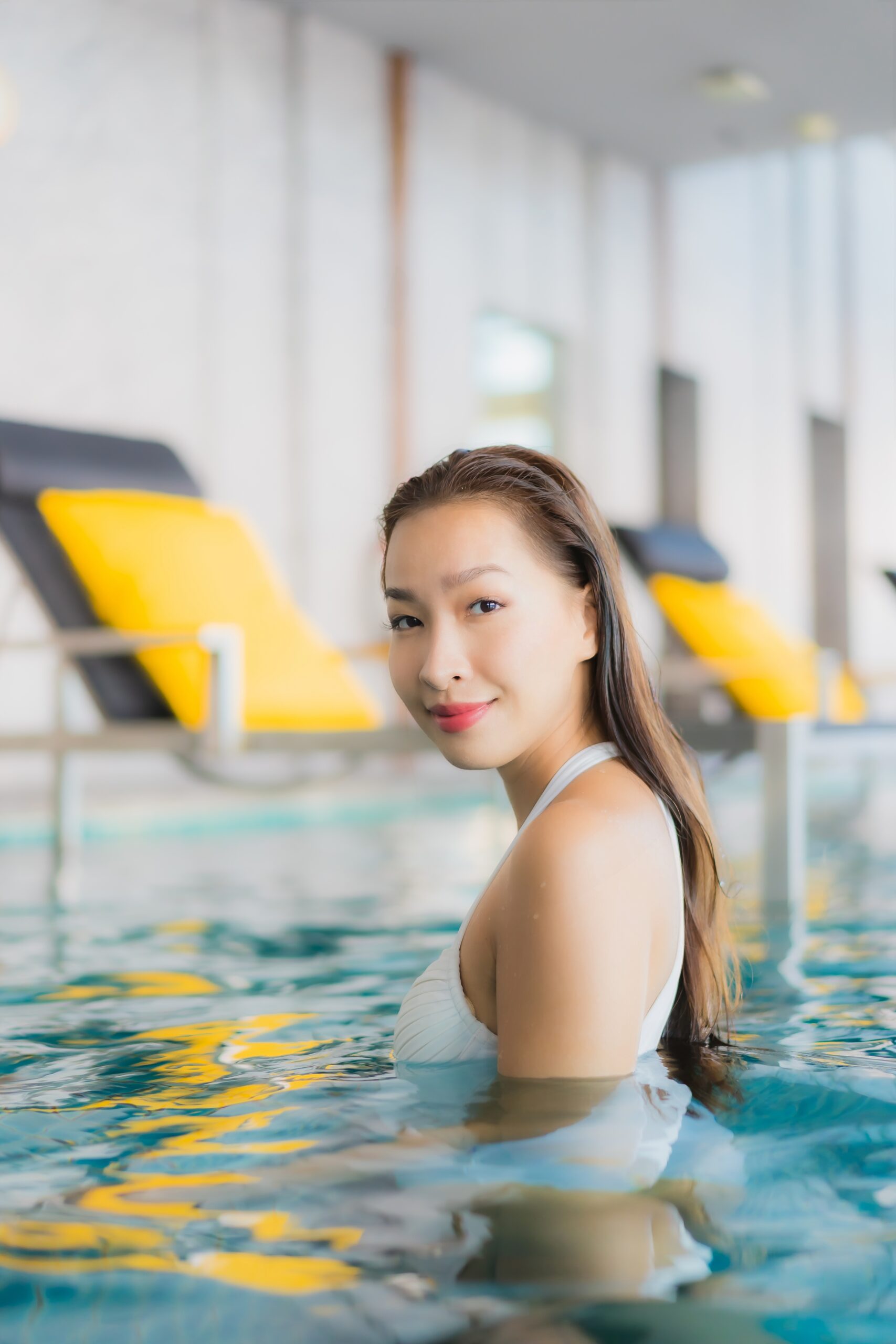 Portrait beautiful young asian woman relax smile around swimming Portrait beautiful young asian woman relax smile around swimming